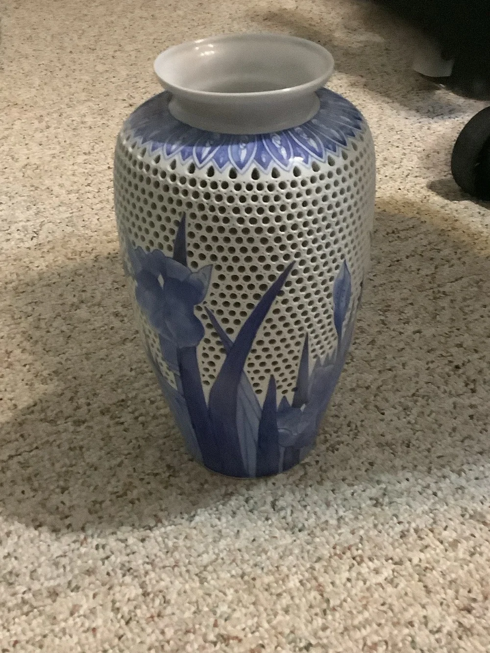 Blue Floral Pierced Ceramic Accent Vase, 12” tall